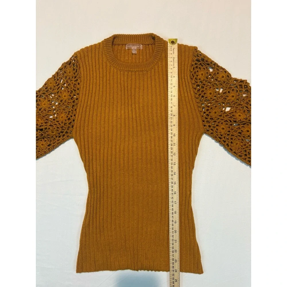 Love Colette Sweater Ladies Large Hippie Crochet Bell Sleeve Mustard Boho
